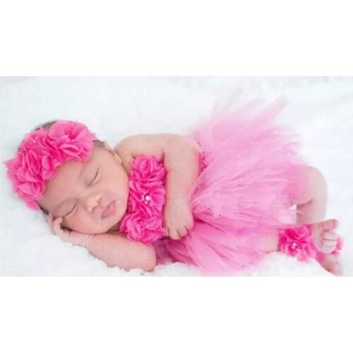 Baby Girls Pink Flower Crochet Tutu Dress Girls Tulle Dress with Hairbow and Foot Rings Set Newborn Birthday Party Costume Dress