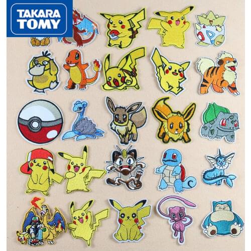 TAKARA TOMY Pokemon Cartoon Embroidery Cloth Stickers Childrens Pikachu Clothing Anime Embroidery Flower Hole Cloth Stickers