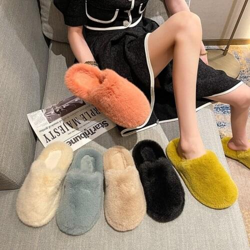 Winter Slippers House Women Half Fur Slippers Fashion Multicolor Faux Warm Flat Shoes Slip on Home Bedroom Ladies Fuzzy Slipper