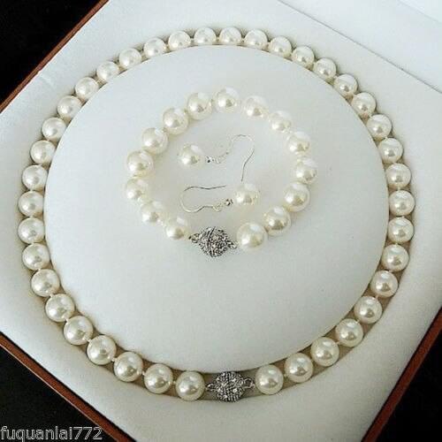 Natural pearl jewelry RARE 10MM SOUTH WHITE SEA SHELL PEARL NECKLACE BRACELET EARRINGS Bridal silver hook