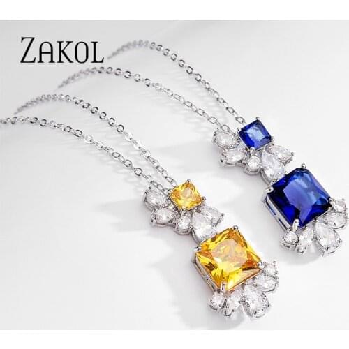 ZAKOL Luxury Yellow Blue Stone AAA Cubic Zirconia Chains Necklaces Engagement Party Banquet Jewelry Necklace for Women NP2277
