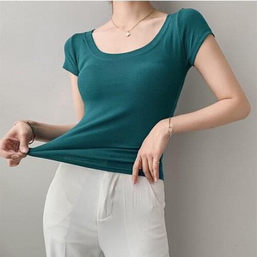 2021 95% Cotton Solid Square Collar Short Sleeve Sexy Crop Tops Women T-Shirts Roupas Microelasticity Camisetas De Mujer Blusas