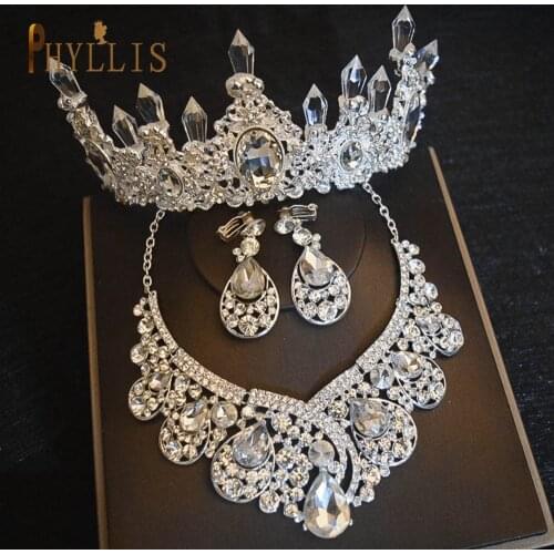 A47 Wedding Tiaras and Crowns Bridal Hair Jewelry Set Crystal Women Tiara Earring Necklace Set Wedding Headwear Bride Headpiece