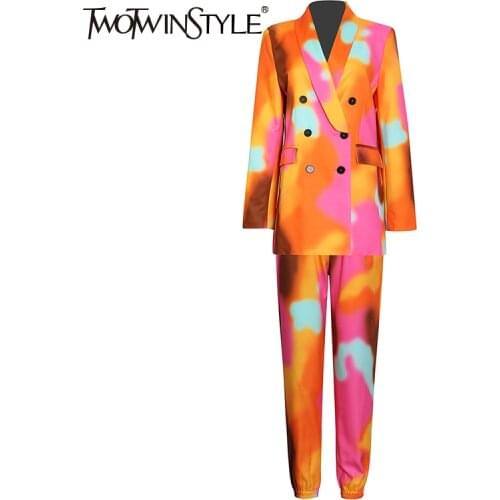 TWOTWINSTYLE Tie Dye Casual Set For Women Notched Long Sleeve Blazer High Waist Pants Hit Color Two Piece Set Female 2021