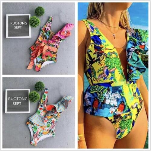 Womens One Piece Swimsuit Vintage Off Shoulder Ruffled Bathing Suits Cut Out Sexy Monokini Printed Beachwear Swimwear