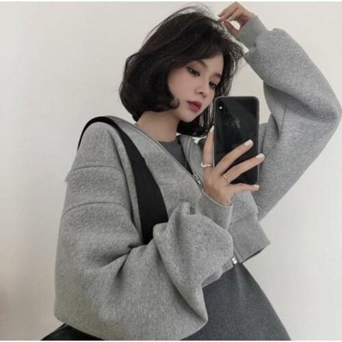 High Waist Short Hood Spring and Autumn Coat Women 's Fashion New Pure Color All -Matching Short-Height Fashionable Sweatshirt