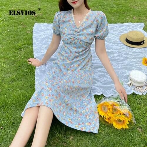 Summer 2021 New Floral Print Dress Women Elegant French V-neck Puff Sleeves Pastoral Style Long Dress Lady Fashion Party Dresses