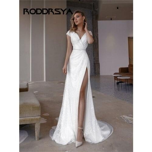 Elegant Sequined With Beads Wedding Dresses Mermaid For Women Charming Open Back Bridal Gowns Cap Sleeve High Split