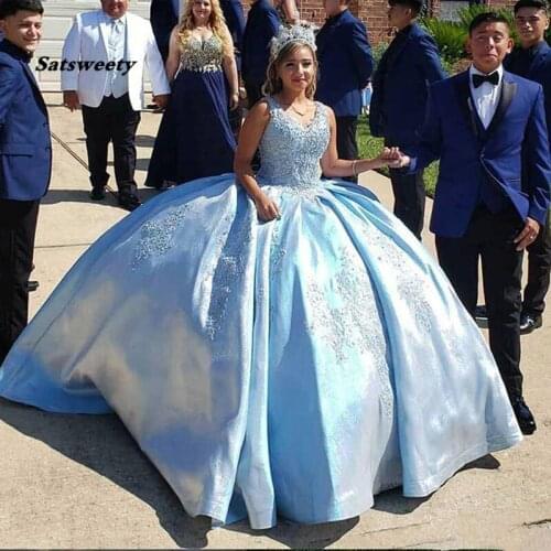 Elegant Quinceanera Dress Sleeveless sweet 16 dresses blue ball gown girl pageant Gown beaded lace Adult Prom party Dress