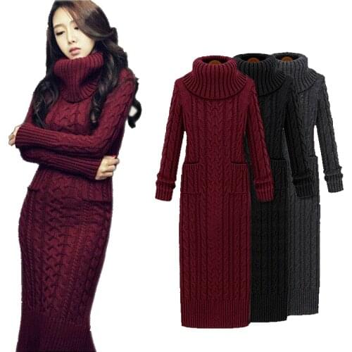 New Women Turtleneck Stretch Long Sweater Dress 2020 New Winter Thicken Warm Twist Pull Jumpers Knit Pullover With Pocket Femme