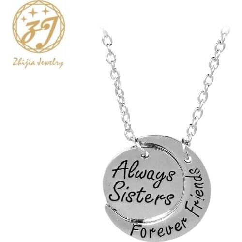 Zhijia Always sisters forever friends BFF Necklaces Round Curved moon Statement Necklace For sister Jewelry gifts