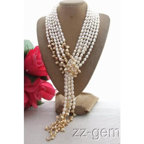 3Strds 49" Rice Pearl& keshi Pearl Necklace>free shipping
