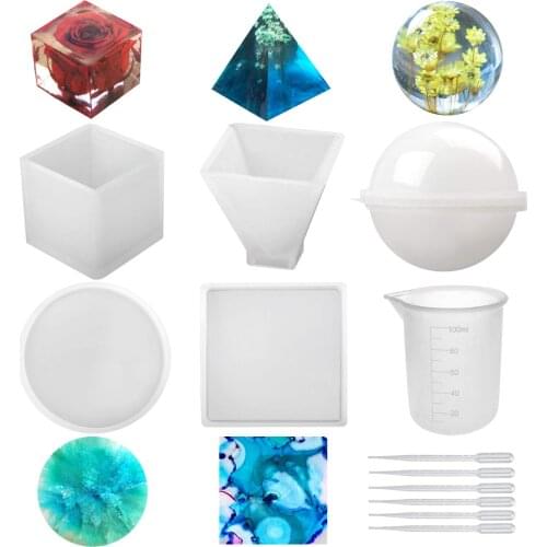 5pcs Silicone Resin Molds Casting Molds Including Sphere Cube Pyramid, Square Round With 1 Measuring Cup Candle Making Mold