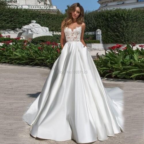 Satin A Line Wedding Dresses Vestido De Novias Scoop Sleeveless Appliques Open Back Boho Bridal Gown for Bride Marriage Longo