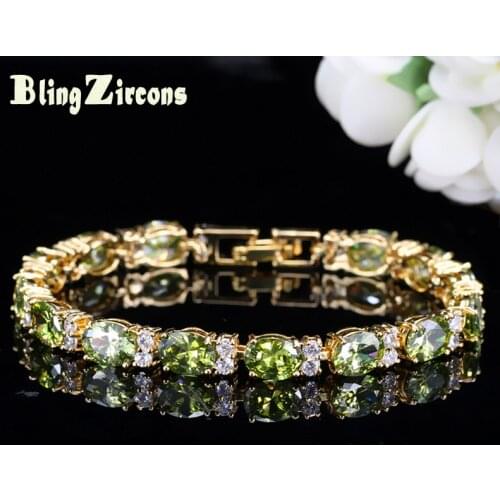 BeaQueen African Nigerian Gold Color CZ Chain Link Bracelet for Women Ladies Olive Green Cubic Zircon Crystal Jewellery B109