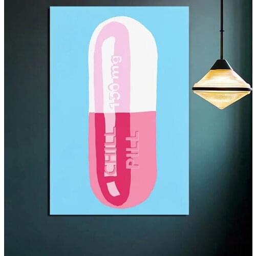 Canvas Painting Pill Pink White Cartoon Modular Posters and Print Blue Wall Artwork Picture Modern Home Decor Bedside Background