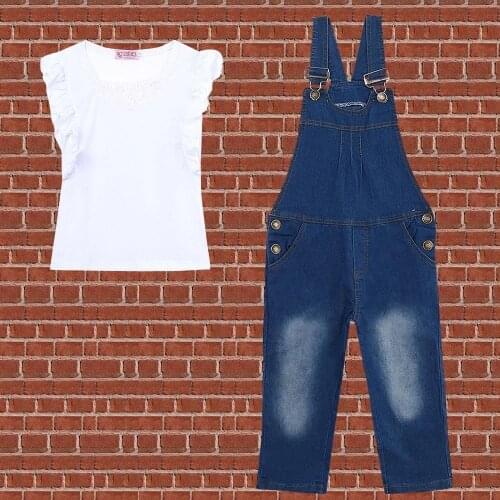 Toddler Infantil Newborn Baby Girls Clothing Set White Casual Top T-Shirt Denim Jeans Bib 2Pcs Suit