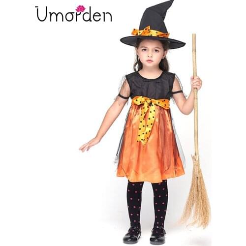 Halloween Purim Costumes Witch Girl Costume Dress Hat Bow-knot Party Cosplay Fancy Fantasia Infantil Clothing for Girls Kids