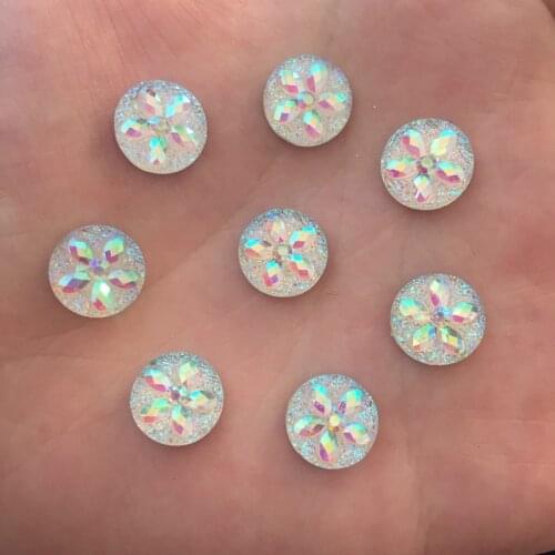 100pcs AB Resin 10mm Round Ore Flower Gem Flat Back Rhinestone Appliques DIY Wedding Scrapbook Ornament Craft F562