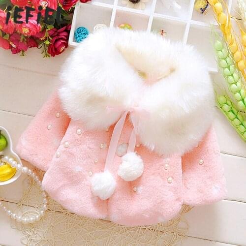New Autumn Winner Baby Kids Girls Coats Floral Pearl Fluffy Faux Fur Shawl Thicken Short Cloak Jacket Children Outwear Clothes