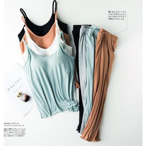 Summer thin pajamas womens camisole cropped trousers suit with chest pad cup leisure elastic loose home two piece set summer