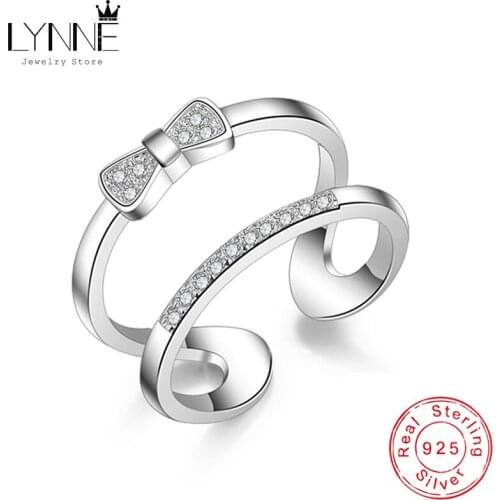 LYNNE Jewelry New 925 Sterling Silver Bowknot Zircon Double Layers Rings Open Adjustable Rhinestone Ring Women&Girl Fashion Gift