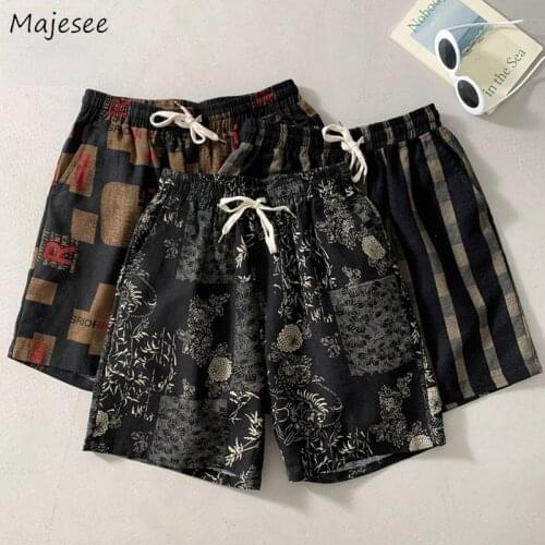 Men Board Shorts Loose Leisure Printed Plaid Retro Chic Fashion Drawstring Cotton Cozy Beach Plus Size M-5XL Oversize Harajuku