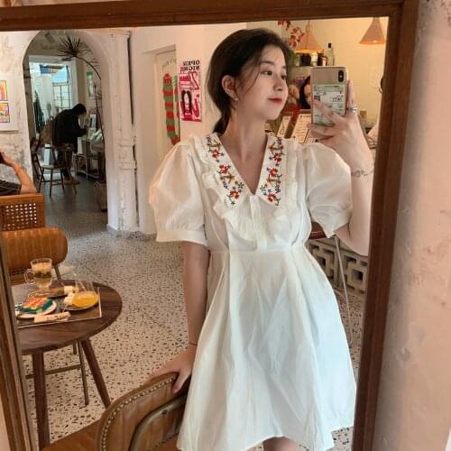 Dresses for Women 2021 Sweet Floral Print Embroidery White Dress Korean Fashion Summer Puff Sleeve V-Neck A-Line Mini Dress