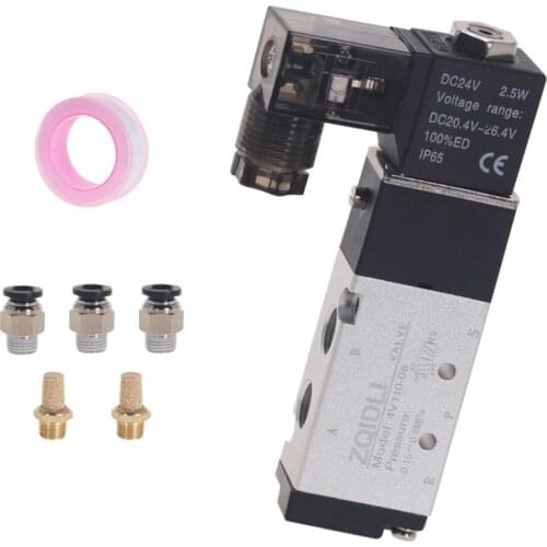 4V110-06 5 Way 2 Position 1/8" Pneumatic Solenoid Valve DC24V 12V AC 110V AC220V with 4mm/6mm/8mm Fitting