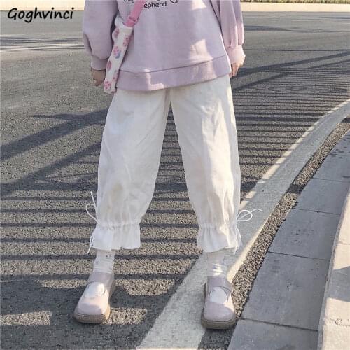 Casual Pants Women Lace-up Solid Kawaii Harajuku Summer Cotton Leisure All-match Wide-leg Korean Style Girls Sweet Chic Fashion