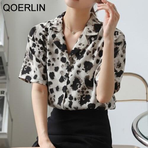 QOERLIN Leopard Print Shirt Women Printed Dyed Shirt Office Ladies 2021 Summer Blouse Short Sleeve Plus Size Tops Chic Buttons