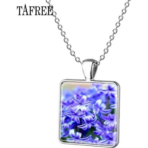 TAFREE Romantic Hyacinth Glass Gems Pendant Necklace Color Square Charms Necklace Pure Love Flower Women Gifts FS53