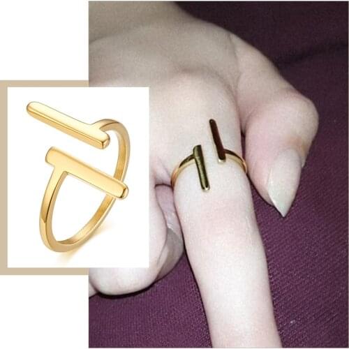 Minimalism Stainless Steel Double T-shaped Rings for Women,Gold Tone Metal Geometric Exquisite Jewelry, Gifts for Best Friends