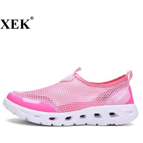 XEK 2018 Fashion Casual Flats Breathable Mesh Shoes Summer Beach Aqua Shoes for Women Walking Shoes Sport Sneakers Zapatos JH174