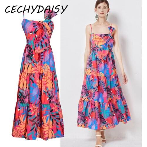 Spaghetti Strap Dress Women High Waist Runway Fashion Sleeveless A-Line Flower Printed Beach Chic Party Night Midi Dresses Mujer