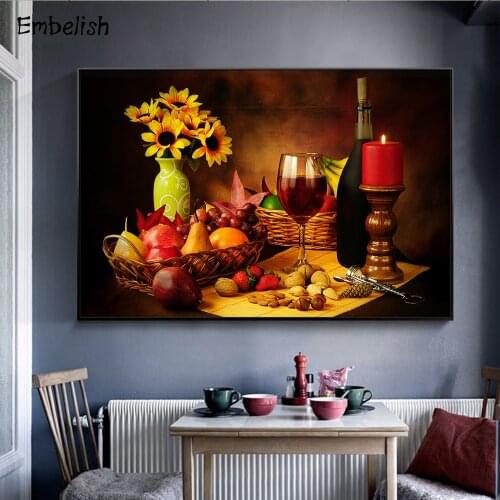 1 Pieces Still Life Wine And Candel Fruits Large Wall Art Posters For Kitchen Home Decor HD Print On Canvas Oil Painting Bedroom