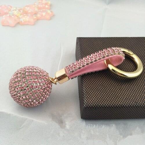 10pcs/lot Rhinestone High Quality Leather Strap Crystal Ball Car Keychain Charm Pendant Key Ring For Women