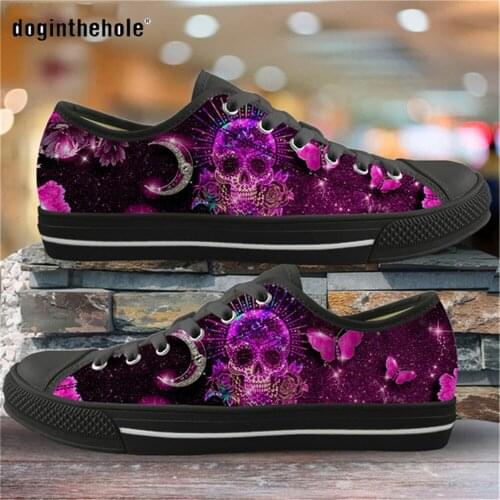 Doginthehole Women Shoes Flats Skull Butterflies Flower Patterns Low Top Canvas Shoes for Lady Girl Shoes Vulcanized Female Fall