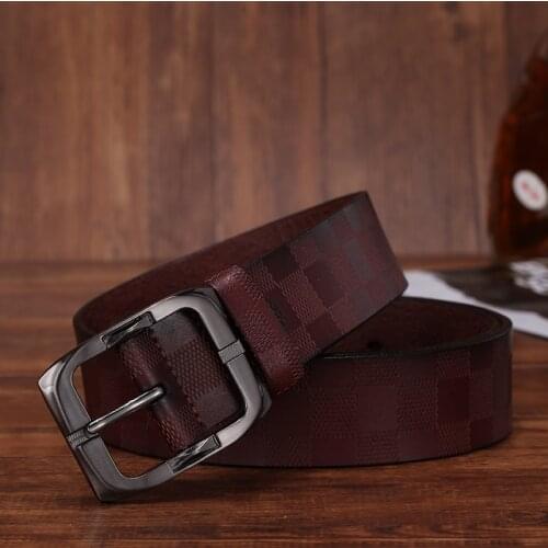 Plaid embossed leather mens belt classic retro fashion square pin buckle belt Mens casual belt jeans