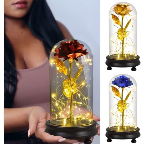 Beauty and The Beast Gold Foil Galaxy Rose Flower LED Light Artificial Flowers In Glass Dome Mother Day Valentine Gift for Girls