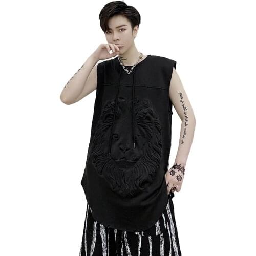 Summer Hip hop Sleeveless tank top men Lion head Zipper Black color Cool punk Stage clothing