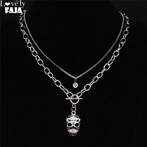 Gothic Skull Layered Necklace Women/Men Silver Color Stainless Steel Chokers Necklace Chain Jewelry collier femme N20376