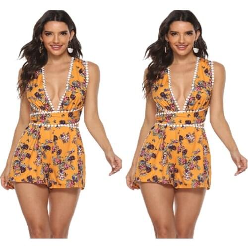 Fashion Casual Printed Camisole Jumpsuit Womens Summer Sleeveless Printed Onesie Halter Backless Sexy Shorts
