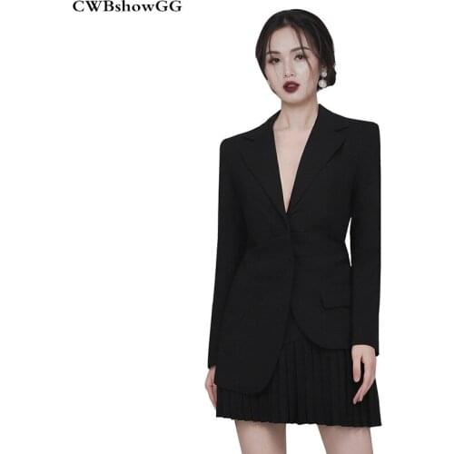 CWBshowGG Autumn New Black Two-Piece Set Slim Long-Sleeved Notched Collar Jacket + Pleated Skirt Fashion Two-Piece Set Female