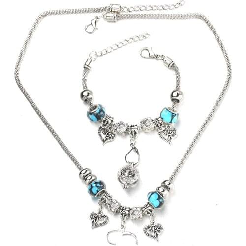 6 Colors Heart Shaped Necklace Bracelet Set Lobster Clasp Bead Hollow Chain Beaded Bracelet With Hook DIY Pendant Jewelry