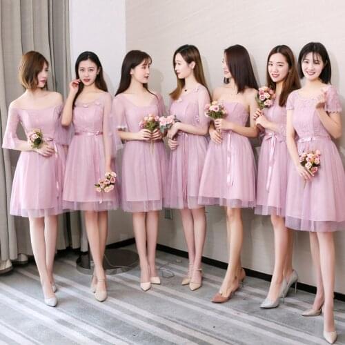 Summer Gauze Lace Up Flowers Zipper Knee-Length A-Line Simple Champagne Bean Paste Gray Women Bridesmaid Dresses