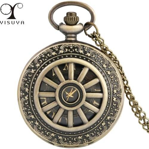 Hollow Bronze Necklace Pocket Watch Quartz Movement Roman Numerals Gold Analog Pendant Retro Watch Gifts with Sweater Chain