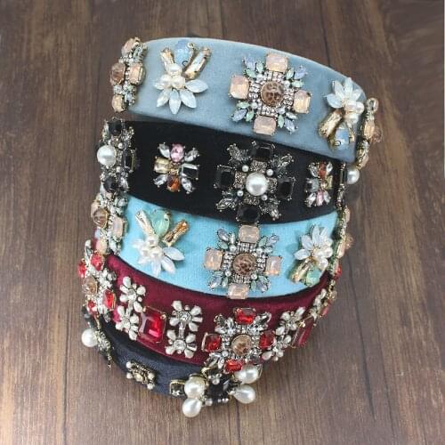 Luxury Vintage Velvet Hair Accessories Red Black Crystal Baroque Hairband Elegant Rhinestone Pearl Headband For Women Wedding