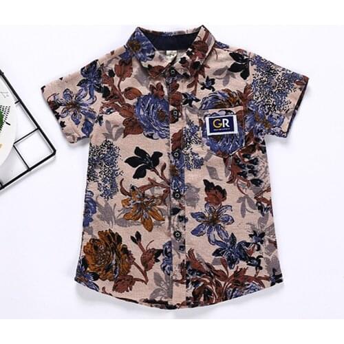 Comfortable Boys Blouses Summer Linen Cotton Casual Flowers Printing Splicing Shirts Kid Leisure Turn Down Collar Fashion Top