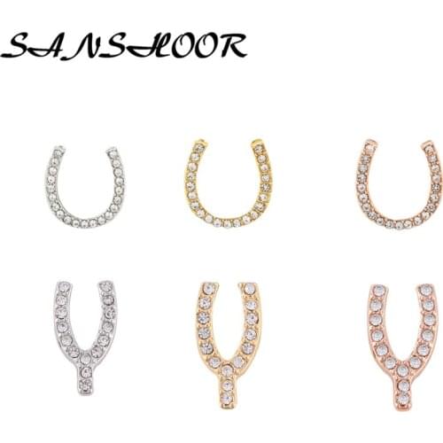 SANSHOOR Wishbone HORSESHOE Pave Keeper Slide Charms Fit Key Chains Pendant Necklace Wrap Bracelets For Women As Gifts 6pcs/lot